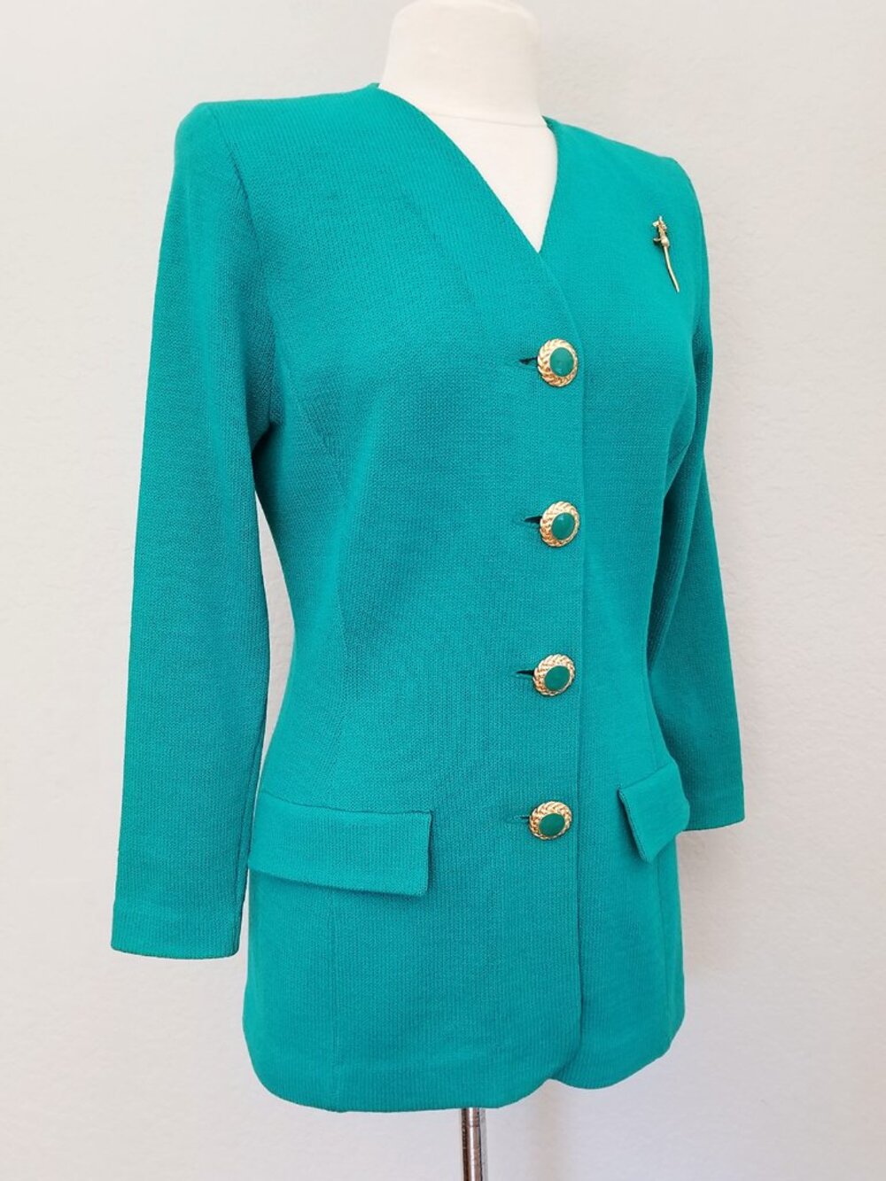 St. John Vintage Santana Knit V Neck Cat Brooch Blazer Jacket Teal Jade Green 2